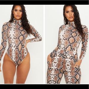 Tan Snake Skin Roll Neck Long Sleeve Body Suit